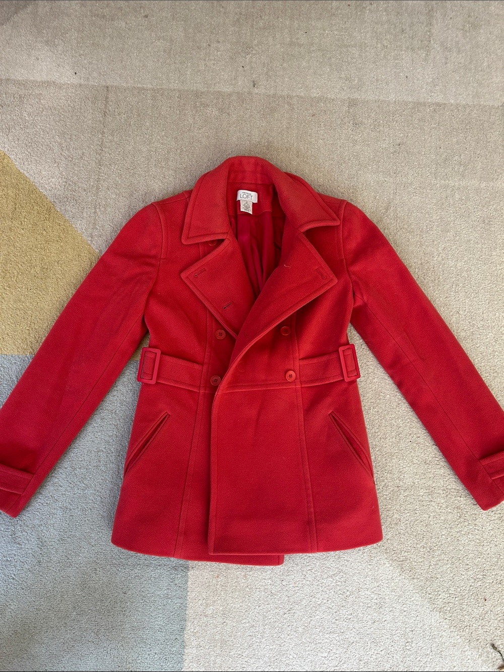 LOFT Vibrant Watermelon  Double-Breasted Pea Coat with Belted Side Tabs